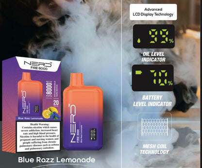 Disposable vape device with LCD screen, blue razz lemonade orange body and box
