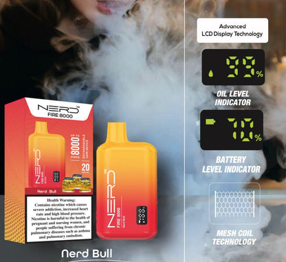 Disposable vape device with LCD screen, Nerd Bull red-orange body and box