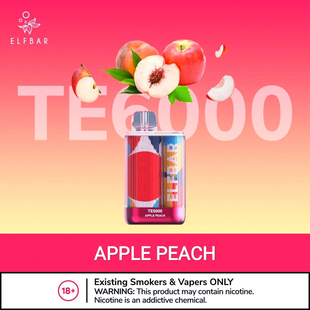 Disposable vape with APPLE PEACH flavor, red device with fruit artwork and TE6000 label