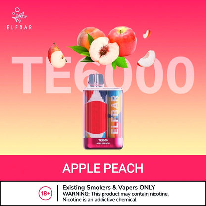 Disposable vape with APPLE PEACH flavor, red device with fruit artwork and TE6000 label