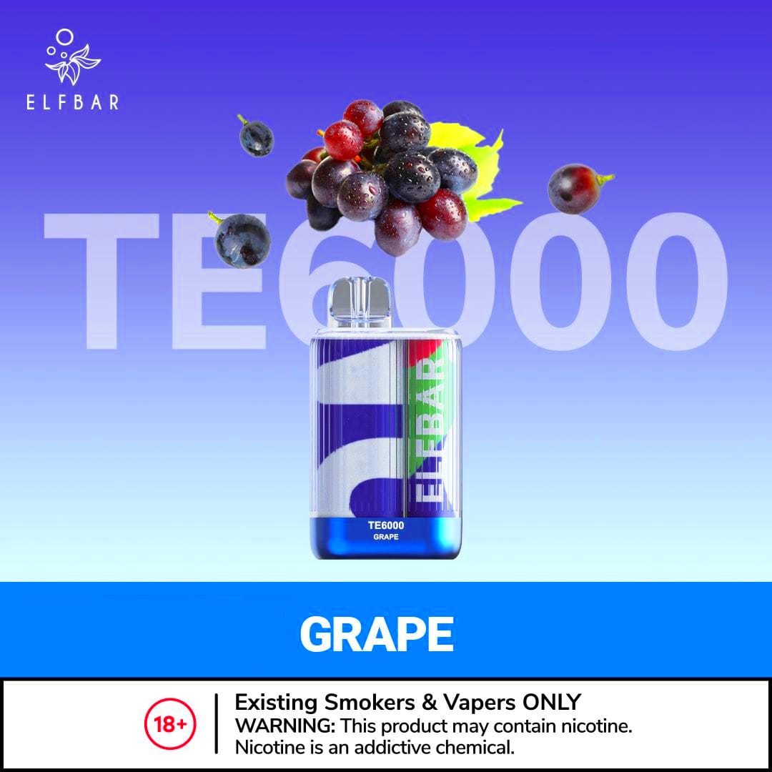 Disposable vape with GRAPE flavor, blue device with grape label and TE6000 mark