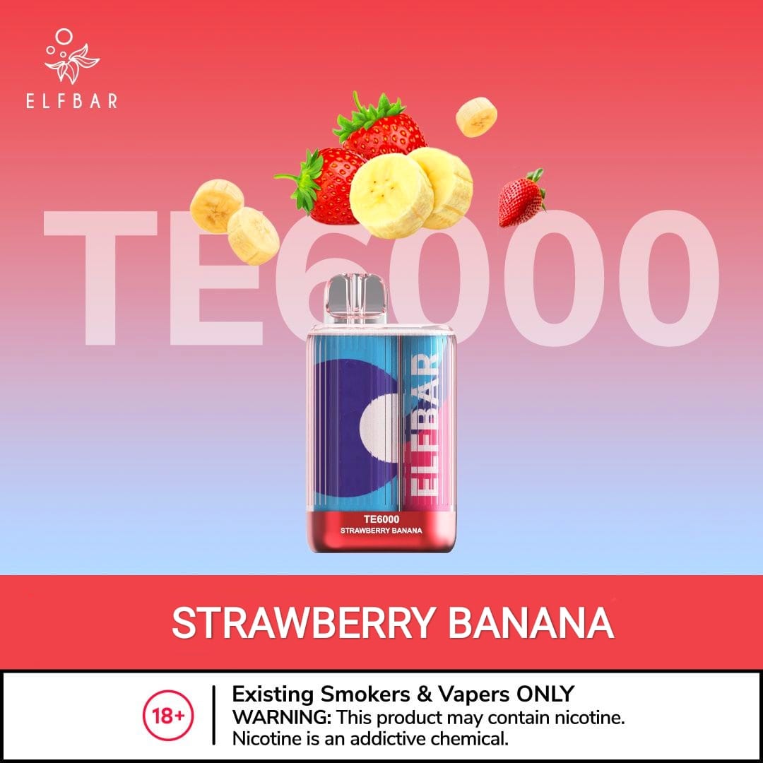 Disposable vape with STRAWBERRY BANANA flavor, purple device with strawberry banana artwork