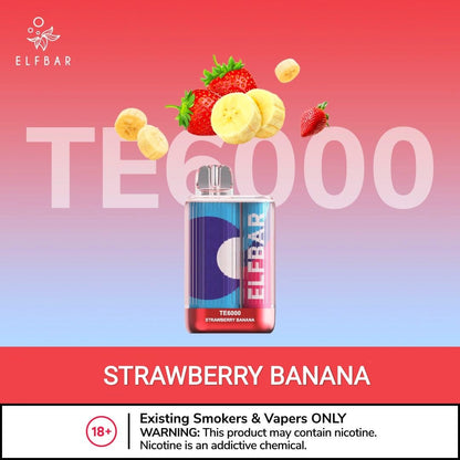 Disposable vape with STRAWBERRY BANANA flavor, purple device with strawberry banana artwork