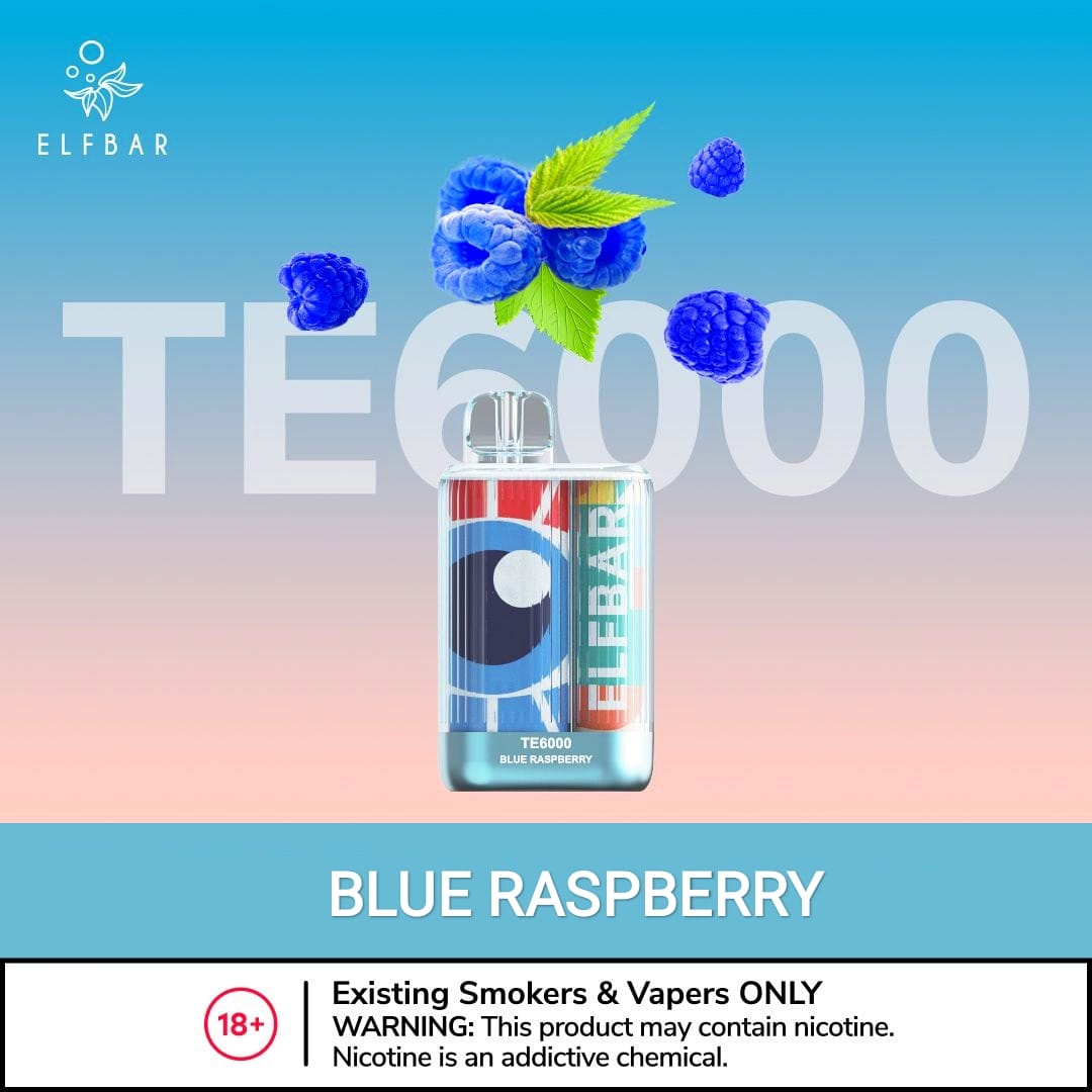 Disposable vape with BLUE RASPBERRY flavor, blue device with raspberry artwork and leaf