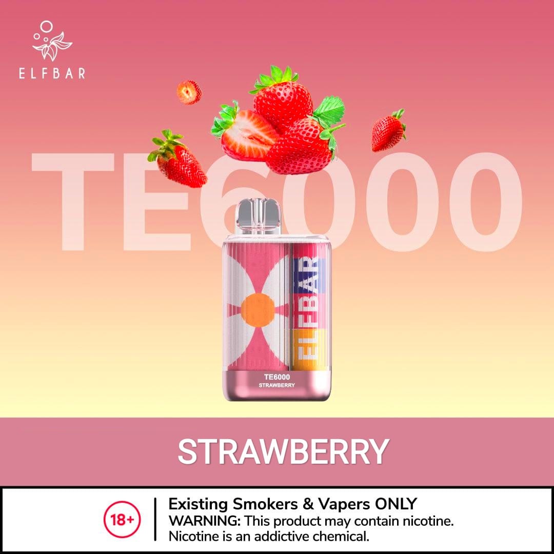 Disposable vape with STRAWBERRY flavor, red device with strawberry artwork and label