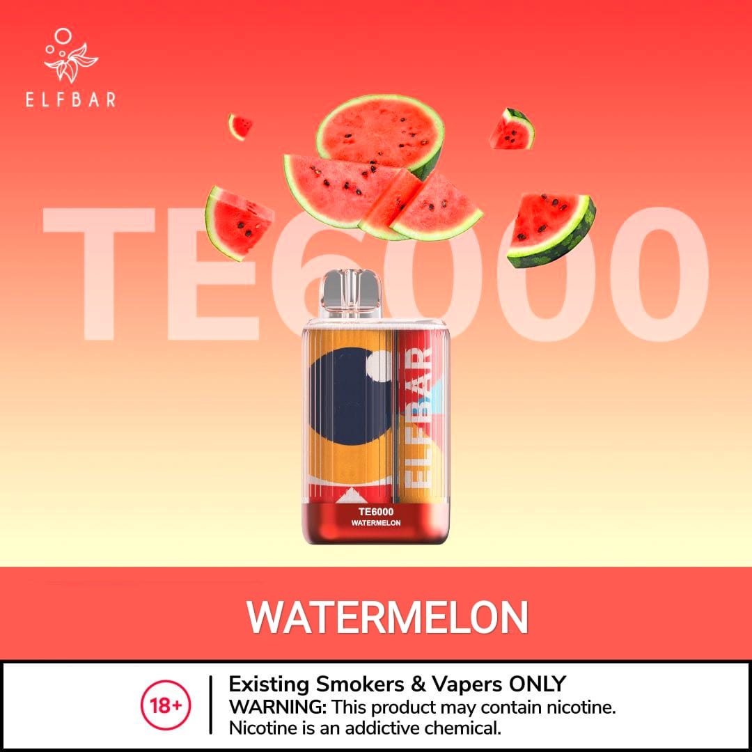 Disposable vape with WATERMELON flavor, red and blue device with watermelon artwork