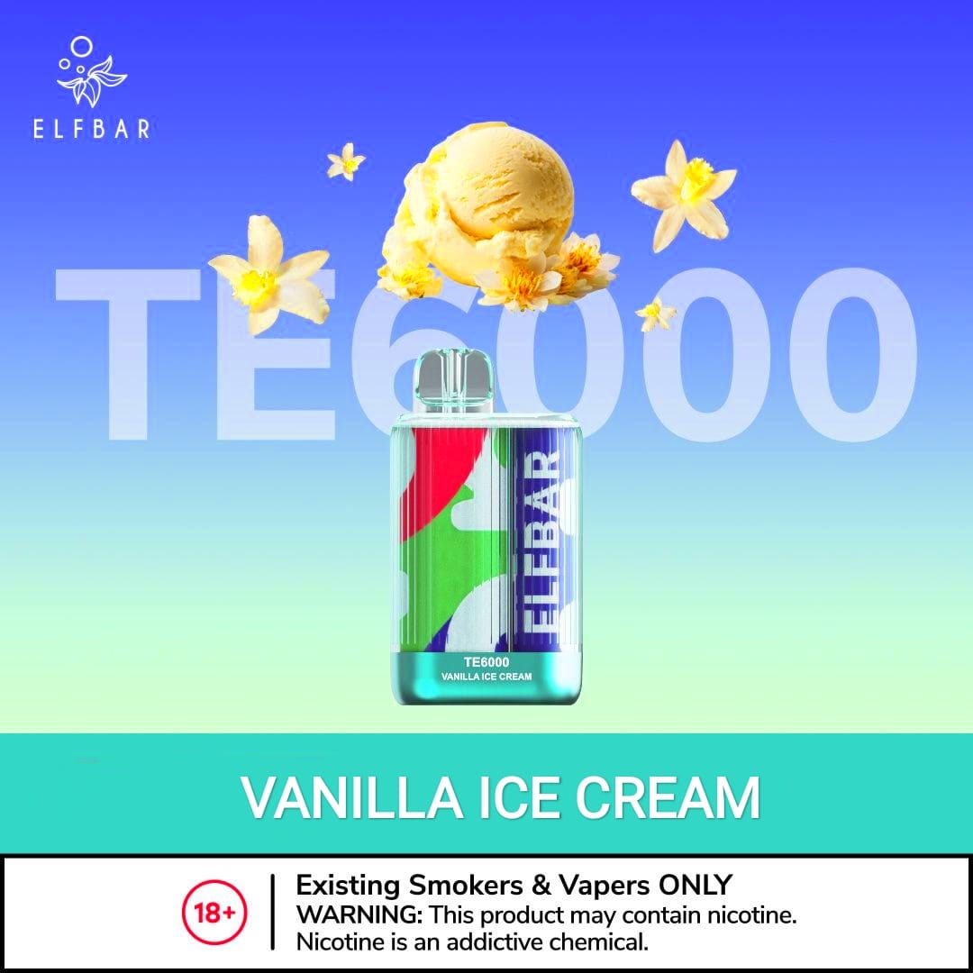 Elfbar disposable vape with Vanilla Ice Cream flavor, clear body with yellow and green accents.