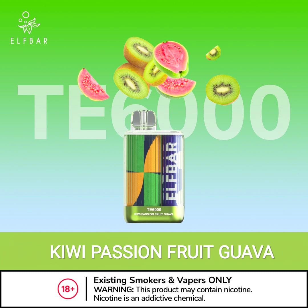 Elfbar disposable vape with Kiwi Passion Fruit Guava flavor, clear body and green accents.