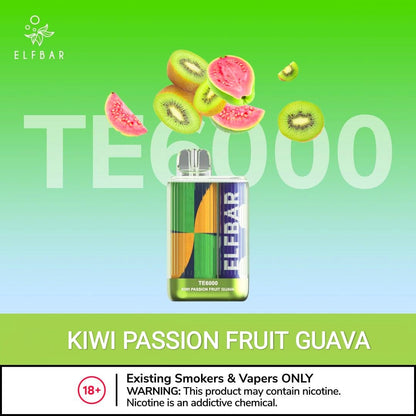 Elfbar disposable vape with Kiwi Passion Fruit Guava flavor, clear body and green accents.