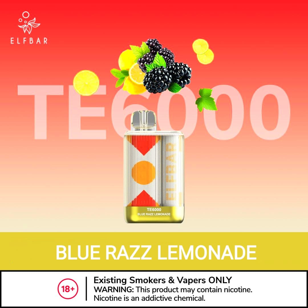 Elfbar disposable vape with Blue Razz Lemonade flavor, clear body and blue liquid window.
