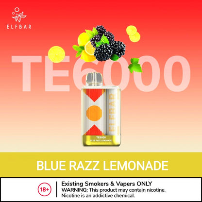 Elfbar disposable vape with Blue Razz Lemonade flavor, clear body and blue liquid window.