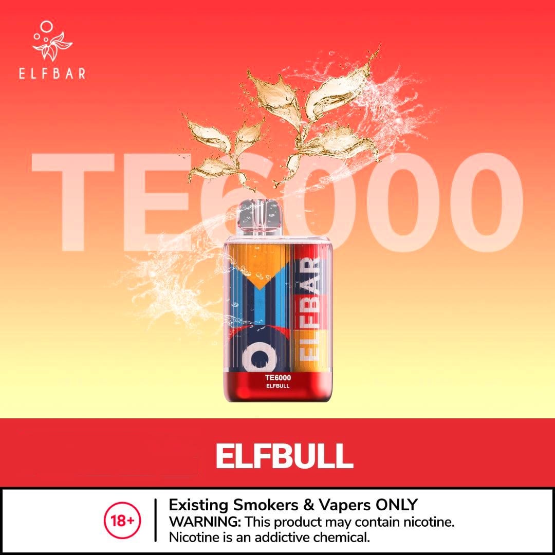 Disposable vape with ELFBULL flavor, red and blue device, TE6000 label visible