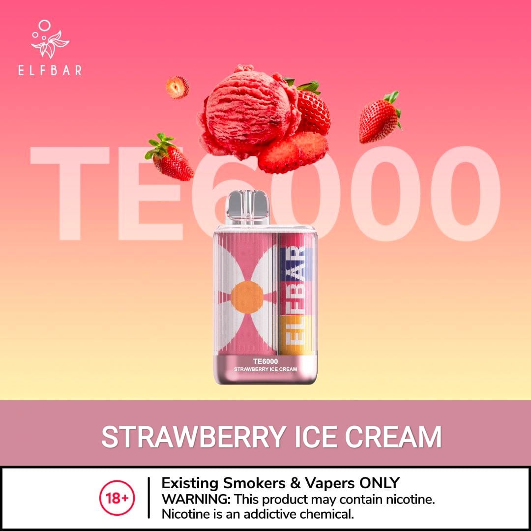 Elfbar disposable vape with Strawberry Ice Cream flavor, clear body with red liquid window.
