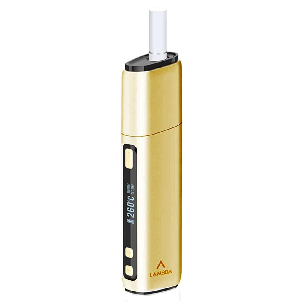 Gold LAMBDA CC heat stick device with white mouthpiece and LED side panel