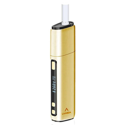 Gold LAMBDA CC heat stick device with white mouthpiece and LED side panel
