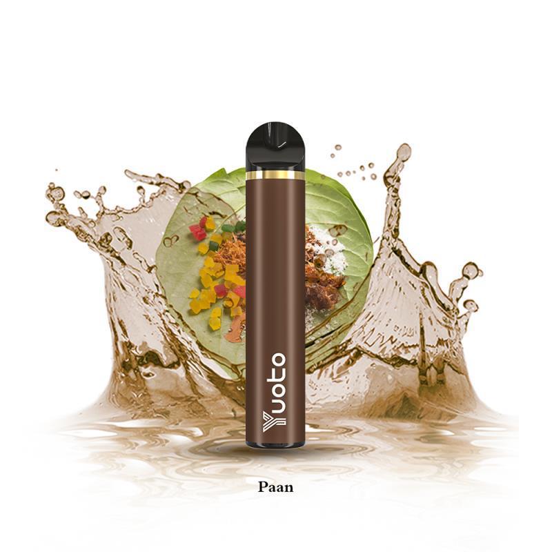 Disposable vape pen in dark brown with gold trim, Paan flavor