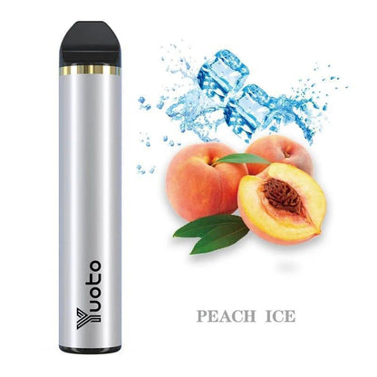 Disposable vape pen in silver with gold trim, Peach Ice flavor