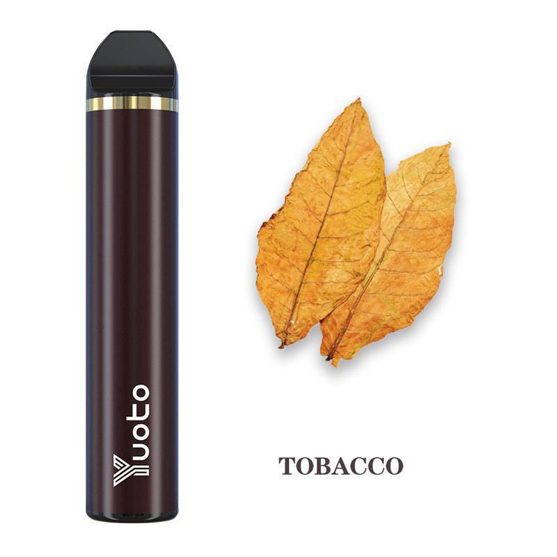 Disposable vape pen in dark brown with gold trim, Tobacco flavor