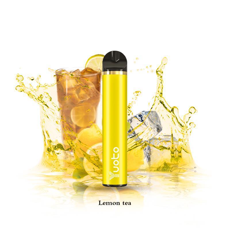 Disposable vape pen in yellow with gold trim, Lemon tea flavor