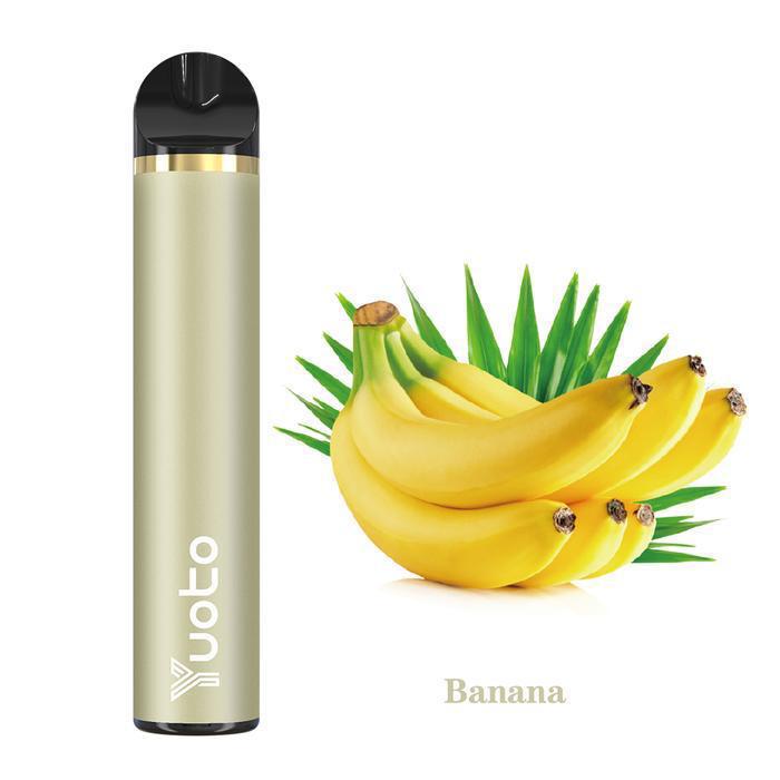 Disposable vape pen in pale yellow with gold trim, Banana flavor