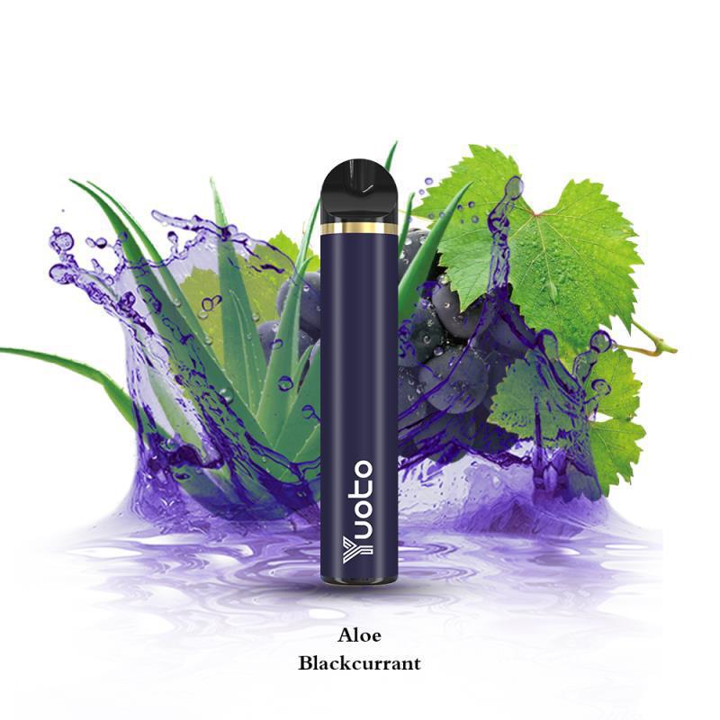Disposable vape pen in dark purple with gold trim, Aloe Blackcurrant flavor